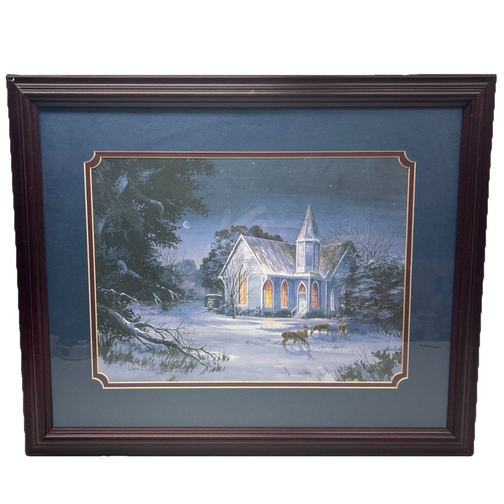 Vintage Wade Butler Print Deer In Front Of A Snowy Church 18.5x22.5